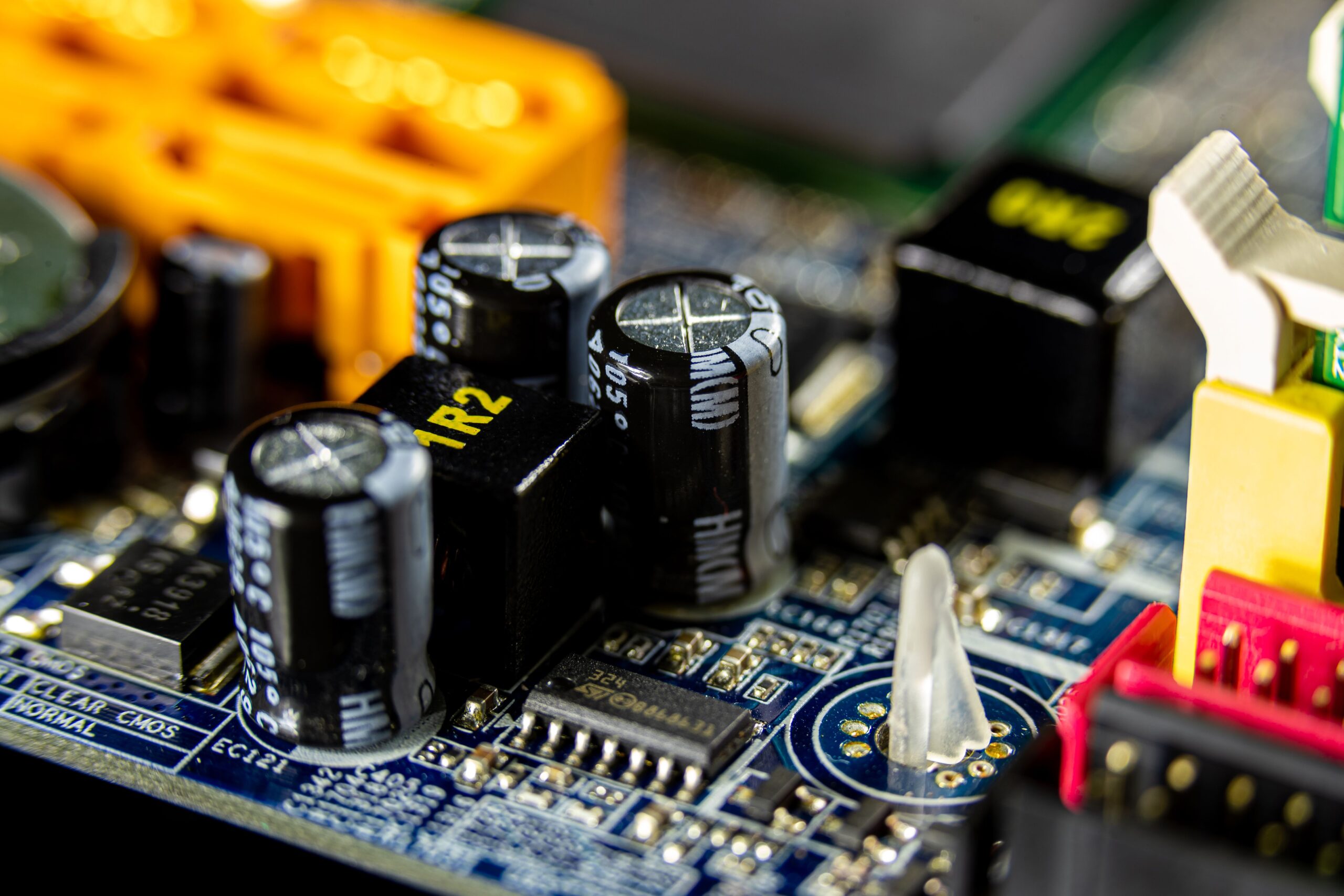 Detailed view of electronic components on a circuit board for computer technology.